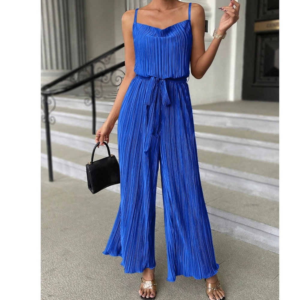Luxe Dark Green Pleated Belted Wide Leg Cami Jumpsuit - Picture 7 of 7